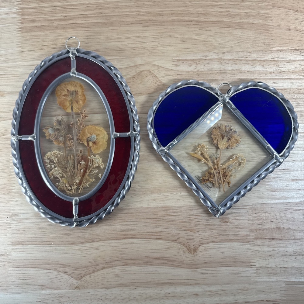 Vintage Lasting Impressions Stained Glass Pressed Flowers Window Decor Lot Of 2